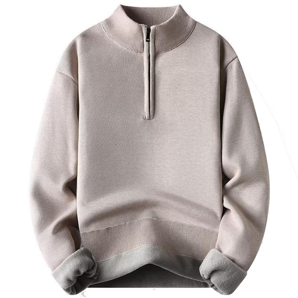Men's Casual Solid-color Semi-zipper Knitted Sweater, Semi-high-neck Long-sleeved Warm Pullover Sweater