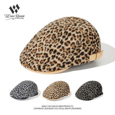 Retro lampartowy wzór czapka z daszkiem damska jesień i zima pluszowa ciepła babeczki pokaż twarz mały beret