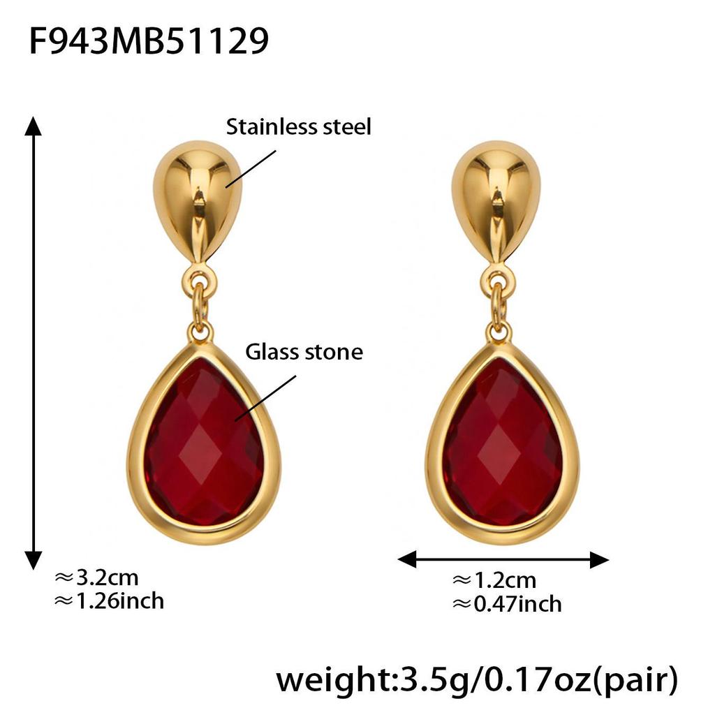 18K Gold-Plated Stainless Steel Jewelry Set: Bead Chain Necklace & Earrings with Oval Bezel Faceted Glass Stone.
