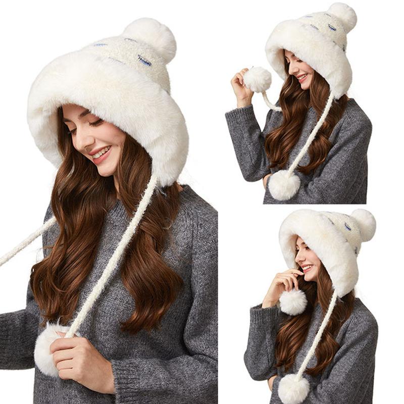 Knitted Hat Women's Thick Wool Collar Wool Hat Plush Three-Ball Warm Hat