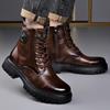 Men's Trendy Wool-Lined Cowhide High-Top Martin Boots with Side Zipper - Casual and Warm.