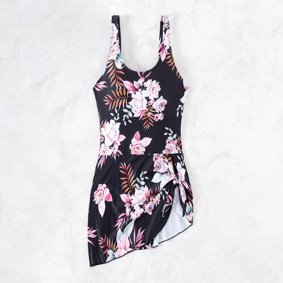 Women Swimsuit U-Neck Sleeveless Padded Swimming Dress Side Knot Irregular Hem Floral Print Monokini