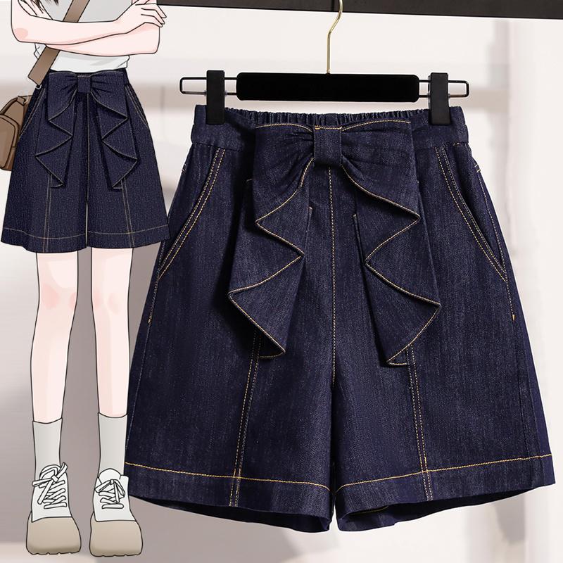 

DIMANAF 2026 Summer Plus Size Women Short Pants Jeans Elastic Waist Oversize Loose Shorts Denim Cotton Solid Bow 5XL темно-синього кольору