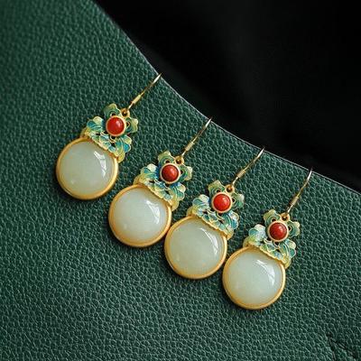 Natural Hetian Jade Enamel Porcelain Earrings Chinese Retro Court Style Unique Ancient Gold Charm Women's Jewelry