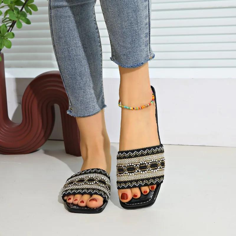 Fashion Ladies Shoes 2025 Open Toe Women's Slippers Plus Size Casual Slippers Women Mixed Colors Square Toe String Bead Flat with Sandal