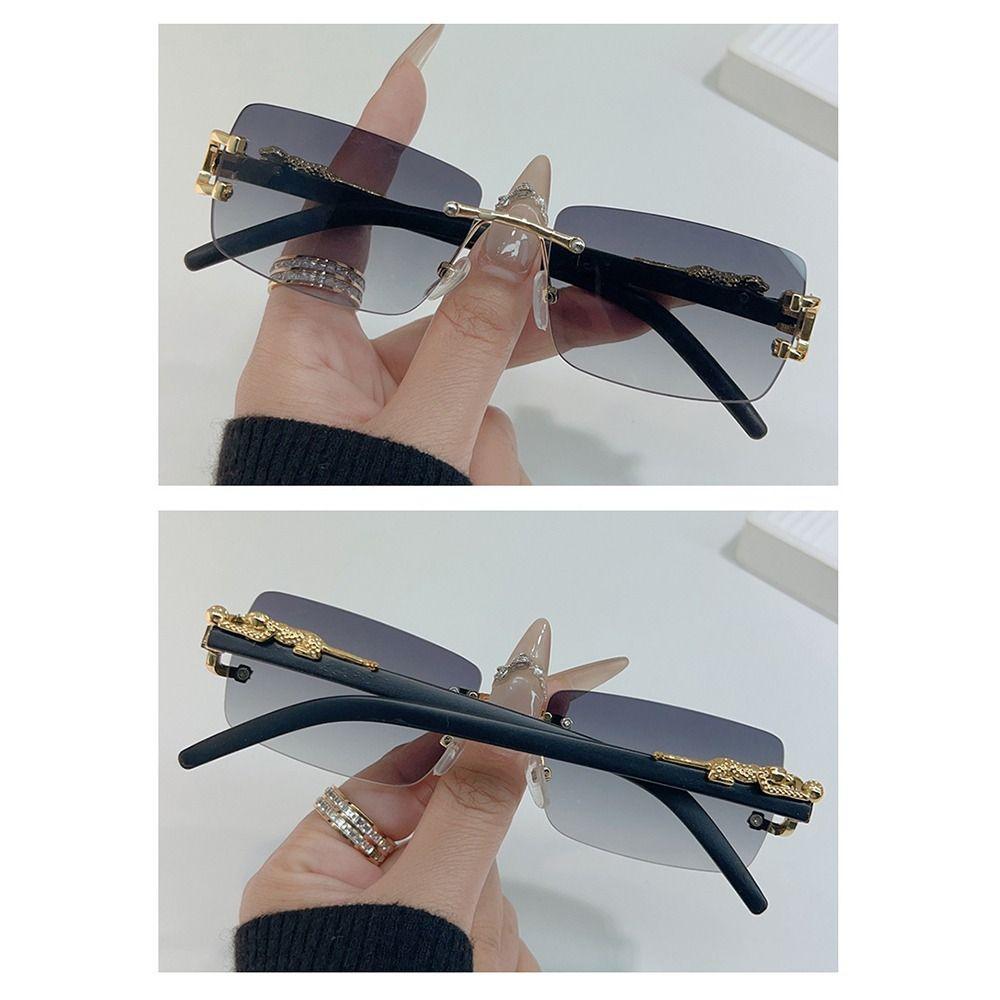 Stylish Leopard Decor Rectangular Sunglasses Cut-Edge UV400 Protection Rimless Shades Metal Frame Sun Glasses for Women & Men