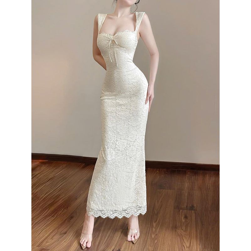 # Sisjuly# Elegant and Graceful Curve Lace Carved Bow Sheath Tight Camisole Dress Women