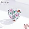 BAMOER 925 Sterling Silver Heart Shape Charm Jewelry Making Pink Flower Beads for Original Bracelet