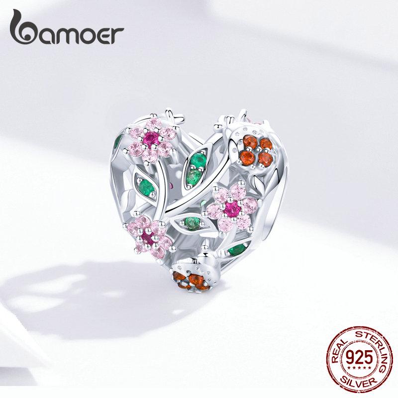 BAMOER 925 Sterling Silver Heart Shape Charm Jewelry Making Pink Flower Beads for Original Bracelet
