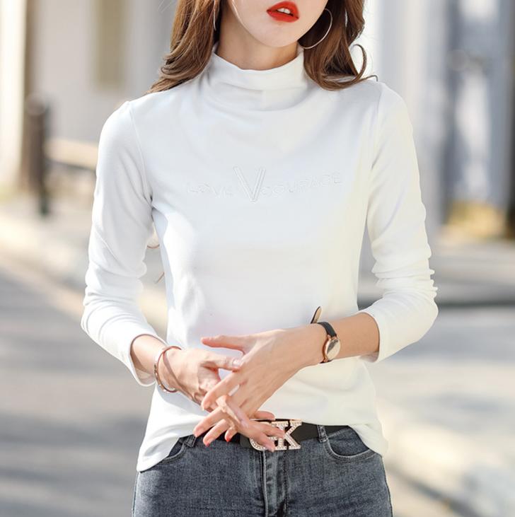 Winter Women Warm Blouse Turtleneck Letter Embroidery Pullovers Thick Bottoming Shirt for Women