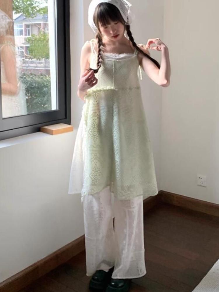 Summer Loose Pants Vintage White Pants Women High Waist Sweet Embroidery Flower Pants Lace Korean Y2k Aesthetic Casual Trousers