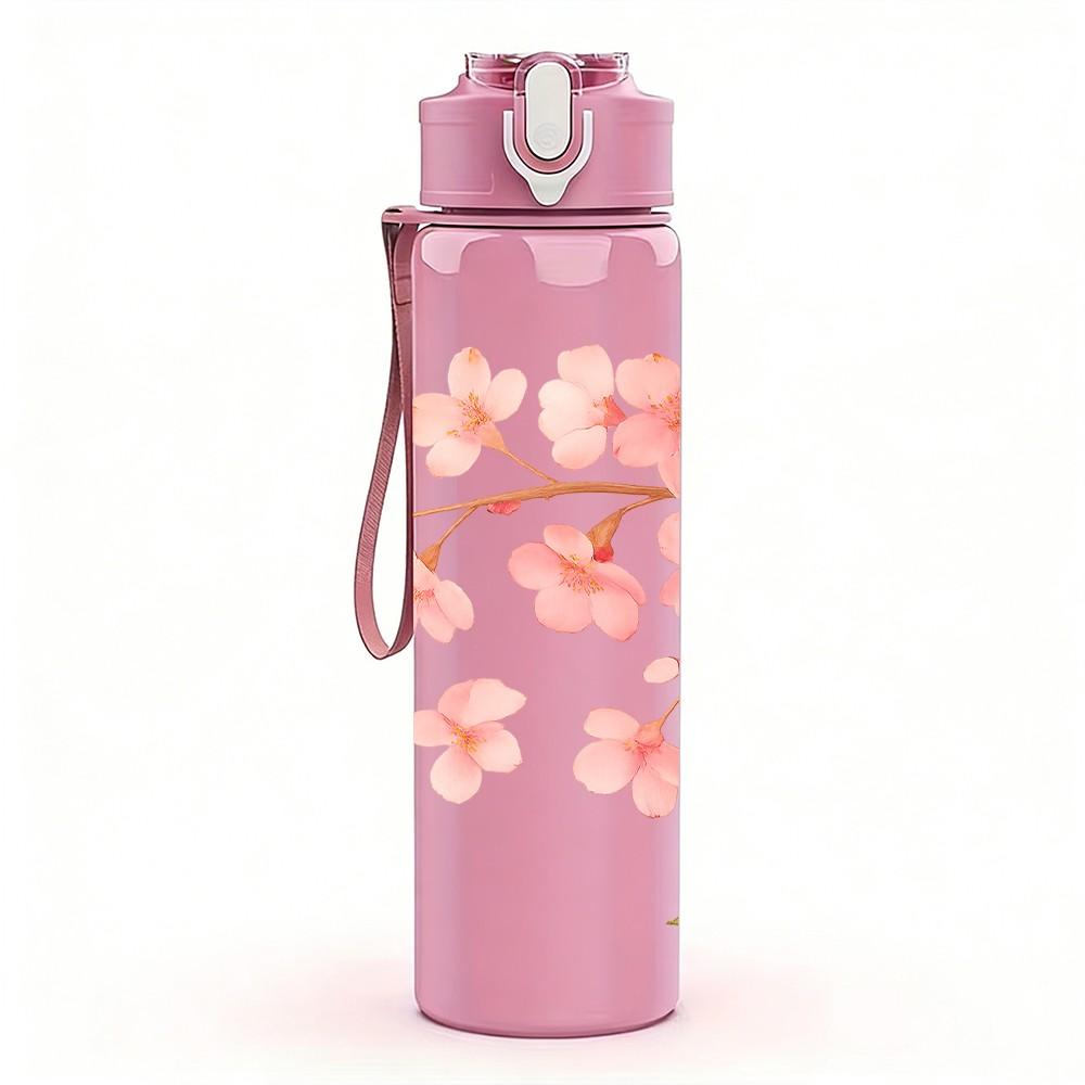 1PC Pink Cherry Blossom Branch Print 750ml Color Plastic Sports Water Bottle Leakproof Flip Straw Lid Suitable for Sports Office Home Use