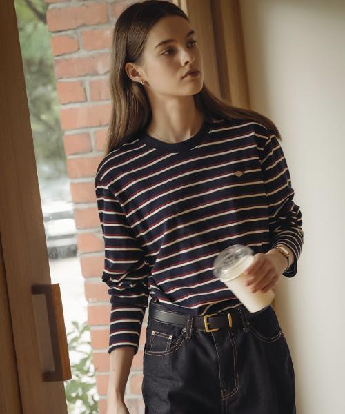Tilaidai Bonheur Stripe Cotton T-Shirt_Navy&Red