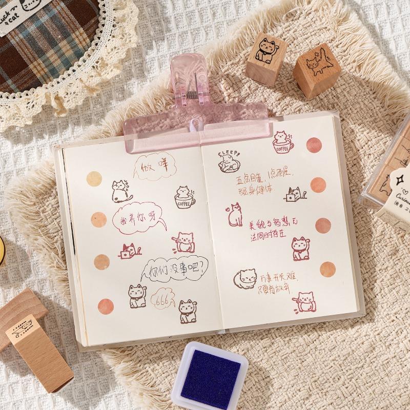 9 Pcs Beech Wood Cute Kittens Daily Series Rubber Stamps Set Cartoon Cat Seal for Journaling Planner Diy Scrapbooking Decoration