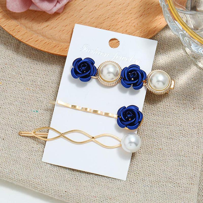 Exquisite Rose Flower Hairpin Bangs Pearl Clip Three-piece Side Clip Ladies Geometric Hairpin Hair Accessories