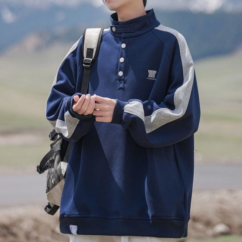 

Spring and Autumn New Men s American Style Retro Stitching Collar Loose Pullover Casual Swedshirt 2XL