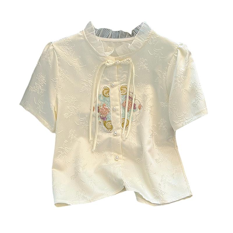 Women's Embroidery Plate Button Blouse Summer Premium Feeling Temperament Short Sleeve Shirt