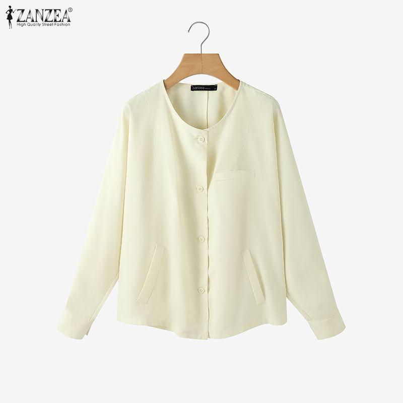 ZANZEA Bluză de damă cu gât rotund, culoare solidă, largă, cu mânecă lungă