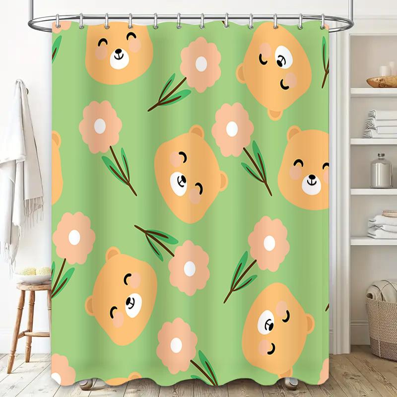 Green Shower Curtain with Cute Animal Print for Bathroom Decor Unisex Home Textile Accessories in Pink Floral Design