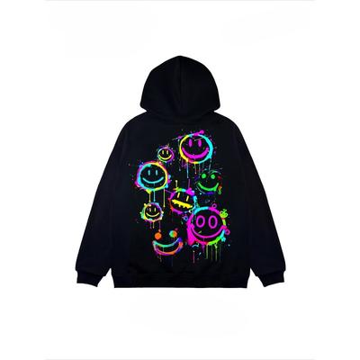 American Trendy Brand Smiley Face Graffiti Hooded Sweatshirt for Men and Women Loose Casual Couple Jacket with Thick Velvet