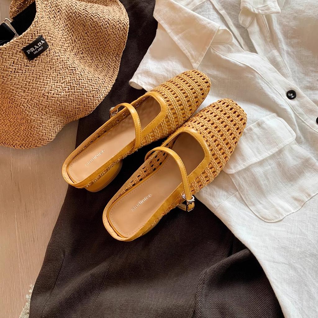 Rétro tissé creux à bout carré avec talon épais mules demi-pantoufles pour femmes été porter plage tempérament sac tête sandales