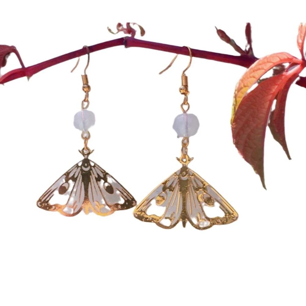 Bohemia Charm Gold Color Hollow-out Moth Transparent Crystal Bead Dangle Earrings for Women Butterfly Fairy Earring Jewelry Gift