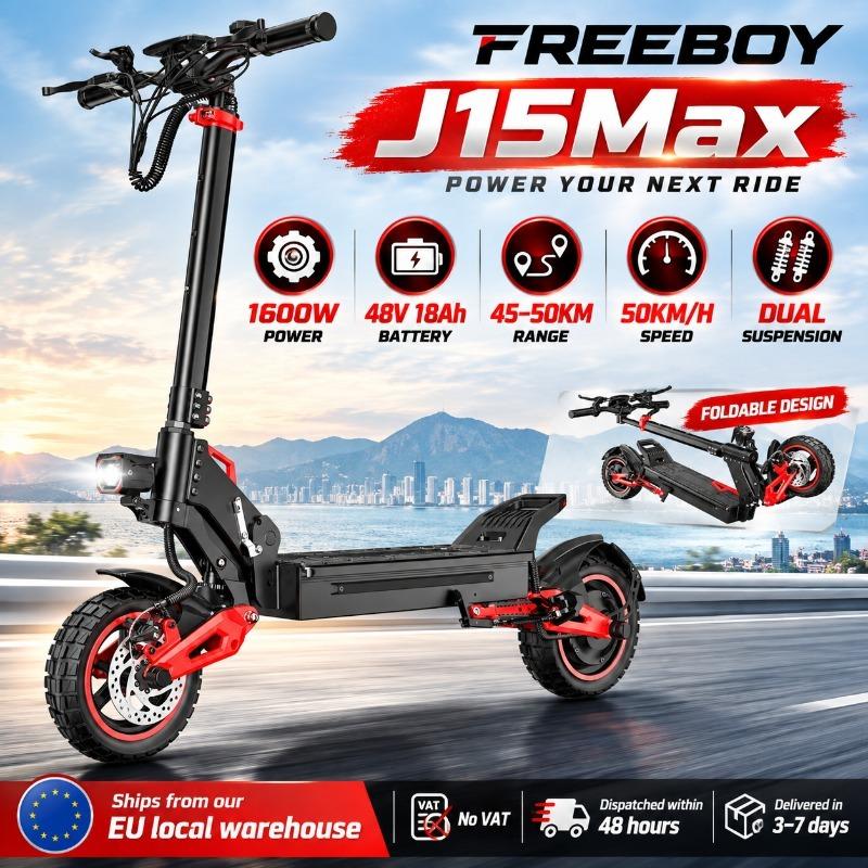 FREEBOY J15Max Electric Scooter for Adults, 1600W Motor, 48V 18Ah Battery, 50KM Range, 50KM/H, 10-Inch Tires