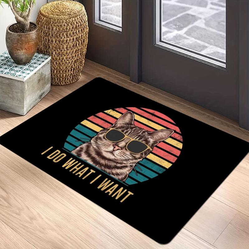 "I Like Cats & Coffee" Black Cartoon Cat Non-Slip Floor Mat, Cute Scarf Design Decorative Rug for Pet Lover Home Decor
