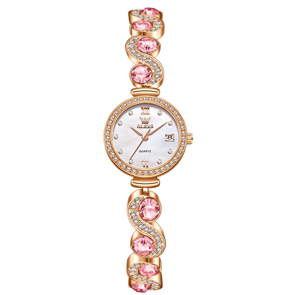Luxury Rhinestone Bracelet Watch for Women OLEVS Rose Gold Case Mother of Pearl Dial Date Fashion Elegant Quartz Wrist Watch
