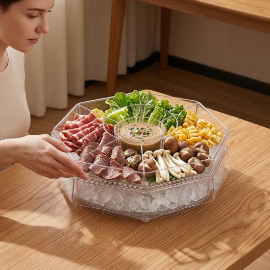Rotating Serving Tray, with Multi-Compartment And Central Sauce Cup Design, Food Tray for Cold Cuts Seafood Fruits Vegetables