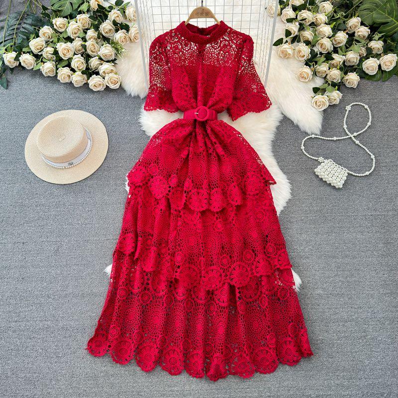 Ladies Single-Breasted Water Soluble Lace Dress Short Sleeve