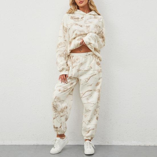 2 Piezas/Set Traje de Sudadera con Capucha y Pantalón para Mujer Estampado Mangas Largas Top Grueso Cintura Elástica Tobillera