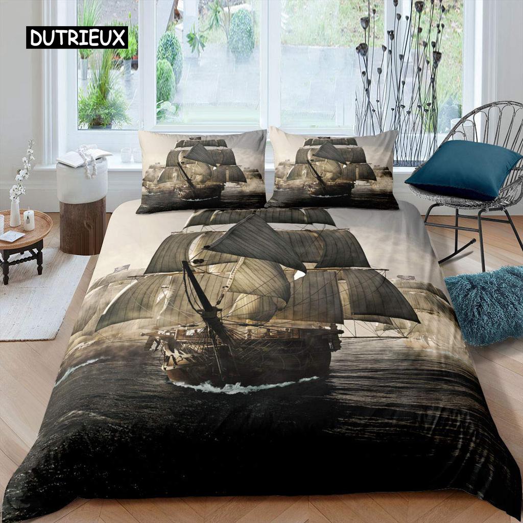 Sailboat Bedspread Cover Collection Plush Microfiber Fabric Nautical Decor Queen Dimension Retro Pirate Sailboat Comforter Cover Sunset Marine Pattern