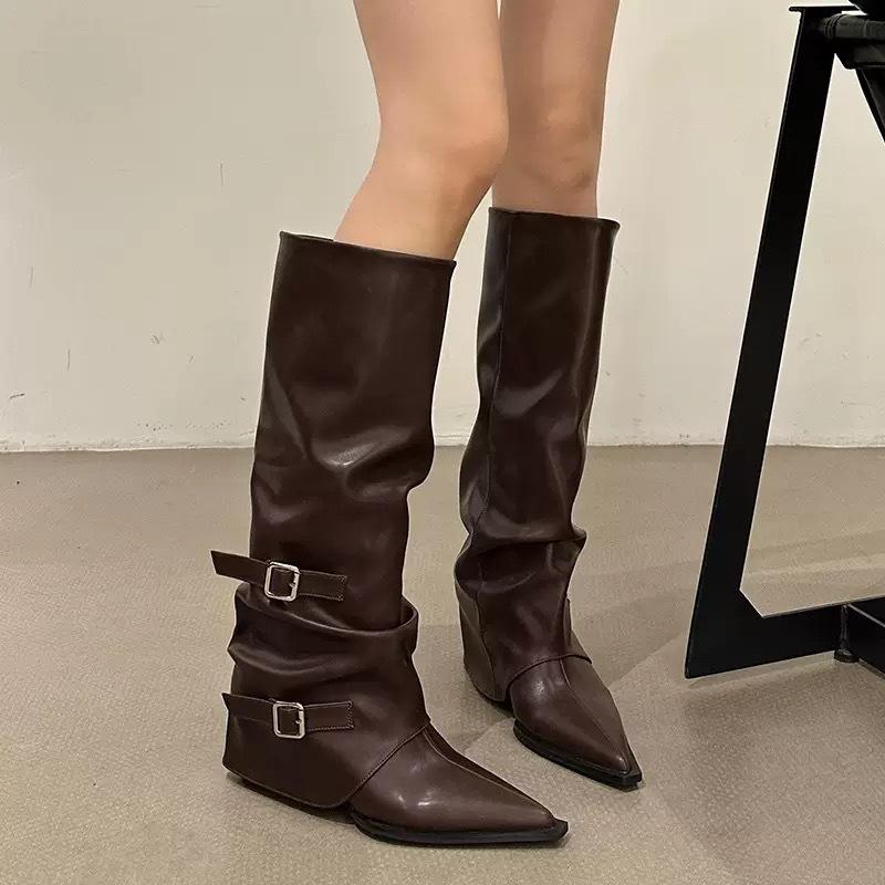 

Пряжка ремня~ брюки сапоги сапоги на толстом каблуке длинные сапоги женские европейские и американские красотки высокие сапоги заостренные черные брюки сапоги жареные уличные 40 темно-коричневого