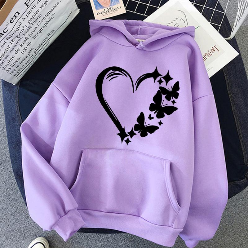 Combination of Love and Butterfly Pattern Long Sleeve Hoodies Women's Trendy Pocket Sweatshirt Vintage Y2k Hooded Clothing
