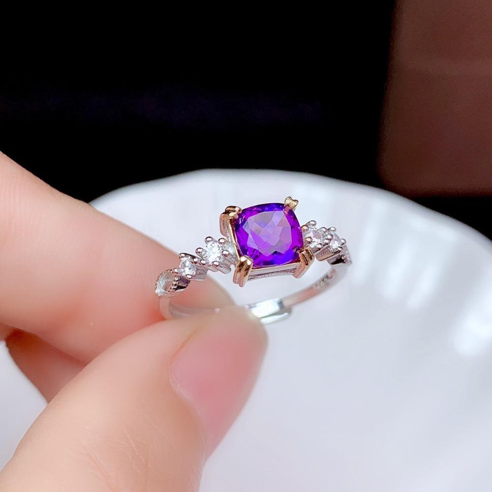 Open Ring for Women Creative Two Tone Plated Square Cut Amethyst Adjustable Statement Jewelry Adjustable