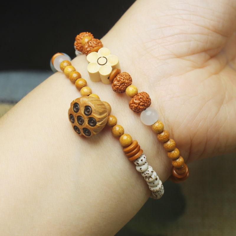 Green Sandalwood Chinese Style Double Loop Bracelet, Flower & Bodhi Prayer Beads Mala, Jewelry & Gift for Women