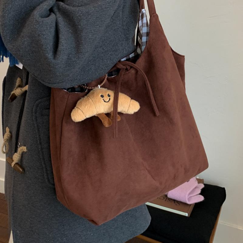 Korean Retro Autumn and Winter New Suede Shoulder Bag Plaid Large Capacity Commuting Lazy Wind Portable Tote Bag Women