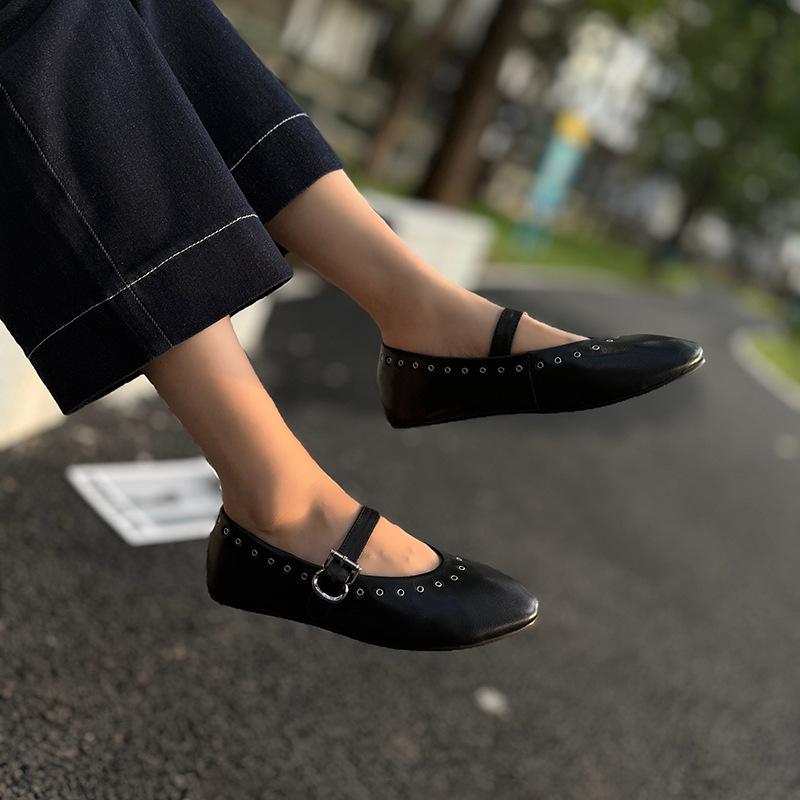 Johnature Retro Mary Janes Shoes Comfortable Round Toe Rivet Shallow Buckle Strap Women's Flat Shoes