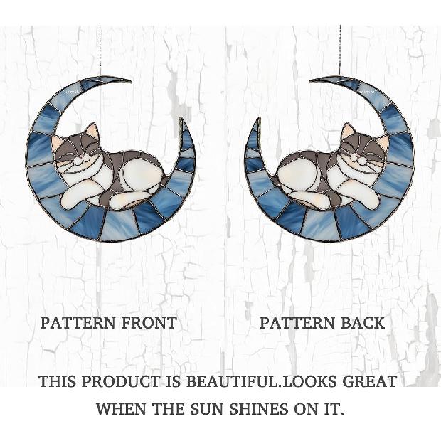 Acrylic Stained Glass Style Blue Moon Cat Window Hanging, Lightweight Faux Stained Glass Suncatcher for Home Decor, Cat Wall Decoration, Ideal for