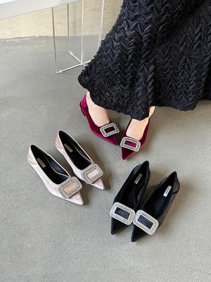 Fashion Pointed Toe Women Flats Autumn Dress Shoes Low Heeled Rhinestone Buckle Beige/Wine red/Black Casual Daily Loafers Size 35-39