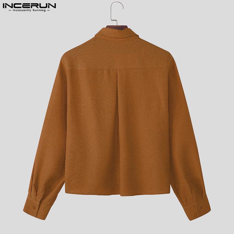 INCERUN Men Turn Down Collar Long Sleeve Loose Casual Texture Shirts Tops