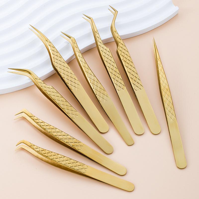 Golden High Precision Net Pattern Eyelash Extension Tweezers, Professional Beauty Lash Feather Clip, Durable False Eyelash Graft