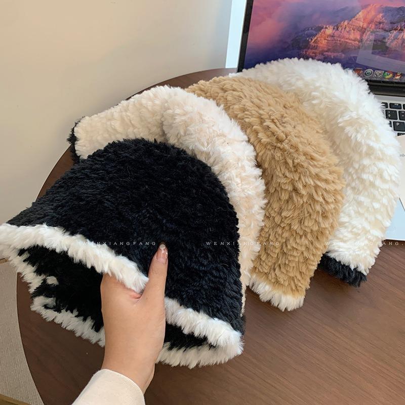 Autumn and Winter Fisherman Female Versatile Plush Basin Hat Plain Face Big Head Circumference Bucket Warm Face Small Face Covering Knitted Hat