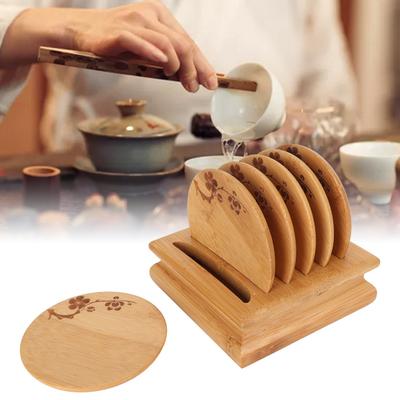 Vintage Plum Design Bamboo Coaster Set Bamboo Material Retro Design Heat Insulating Coaster With Rack Tea Cup Coasters