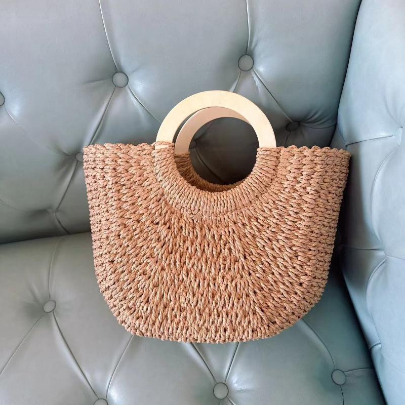 Přírodní bohémská ručně tkaná taška z papírového provazu s dřevěným uchem - Lehká, velkokapacitní taška na pláž, dovolenou, cestování