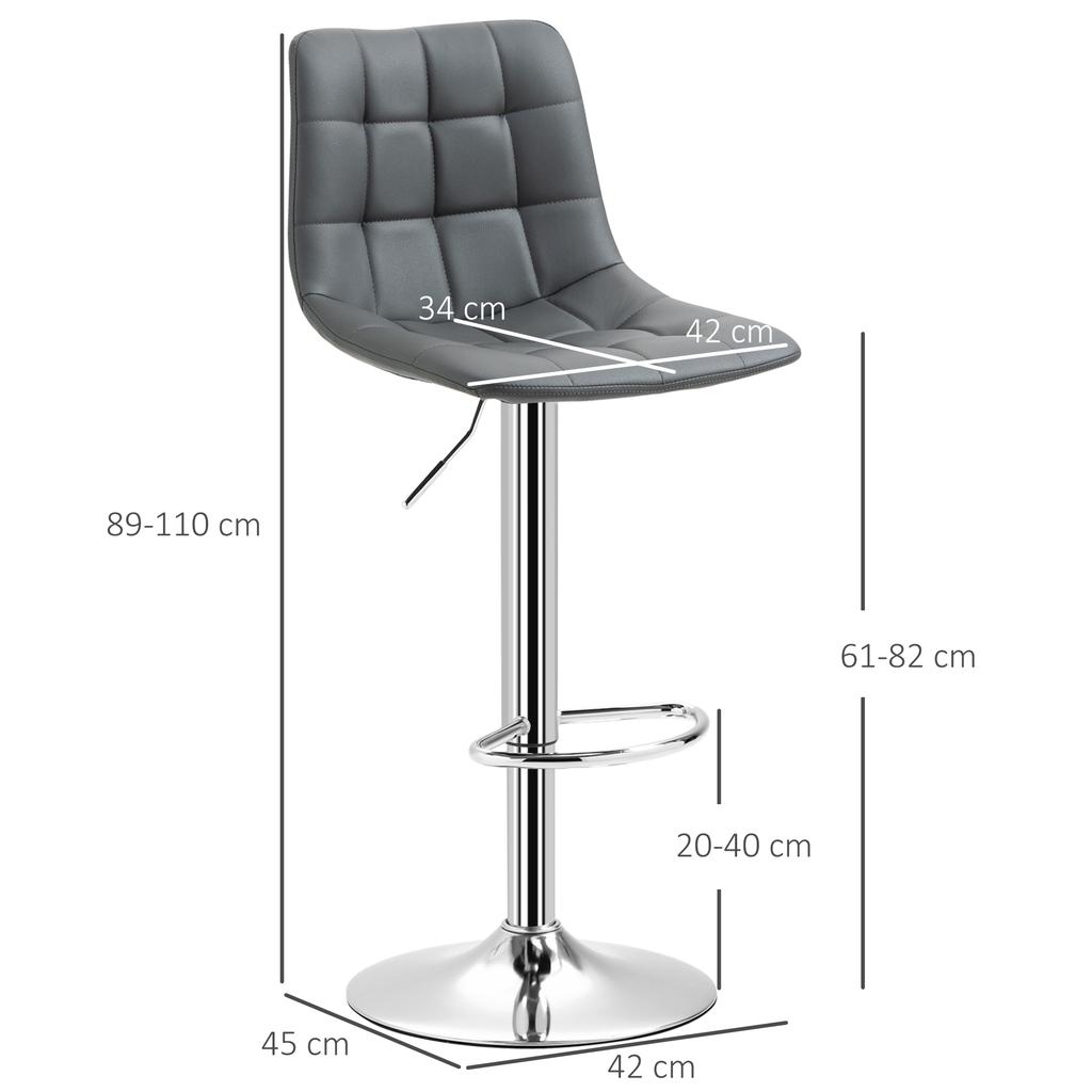 Set of 2 Swivel Bar Stools in Faux Leather with Backrest and Footrest, 42x45x89-110cm, Grey