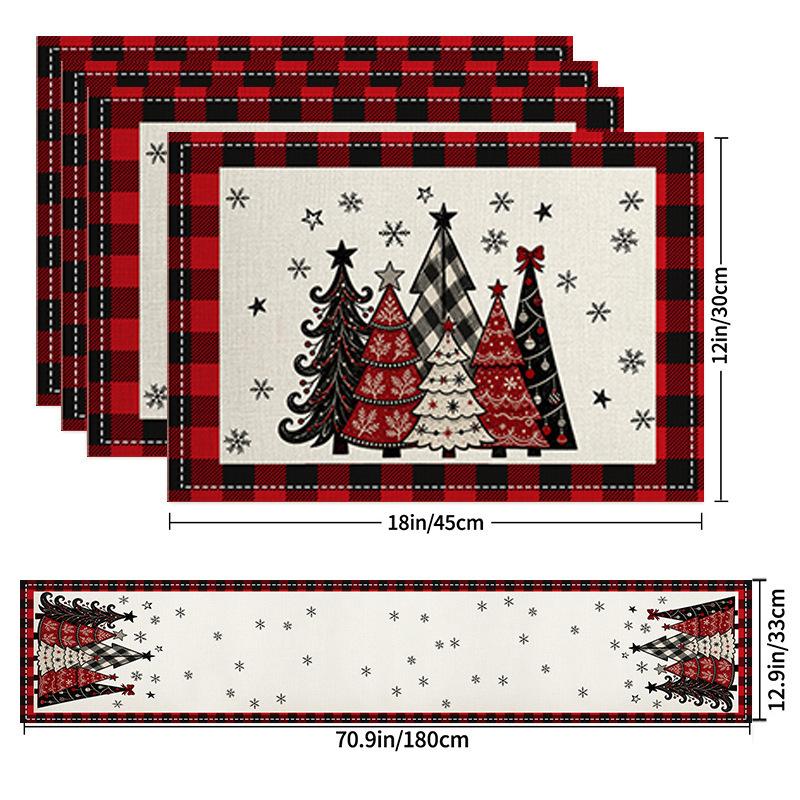 5Pcs Christmas Buffalo Plaid Placemats And Table Runner Set Cute Snowman Print Heat Resistant For Christmas Decoration