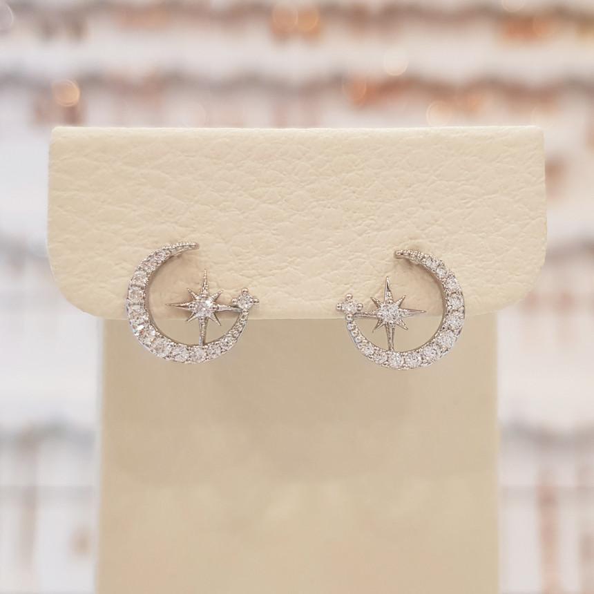 Volare Star Moon Cubic Silver Needle Earrings (Spe723) (8864149)