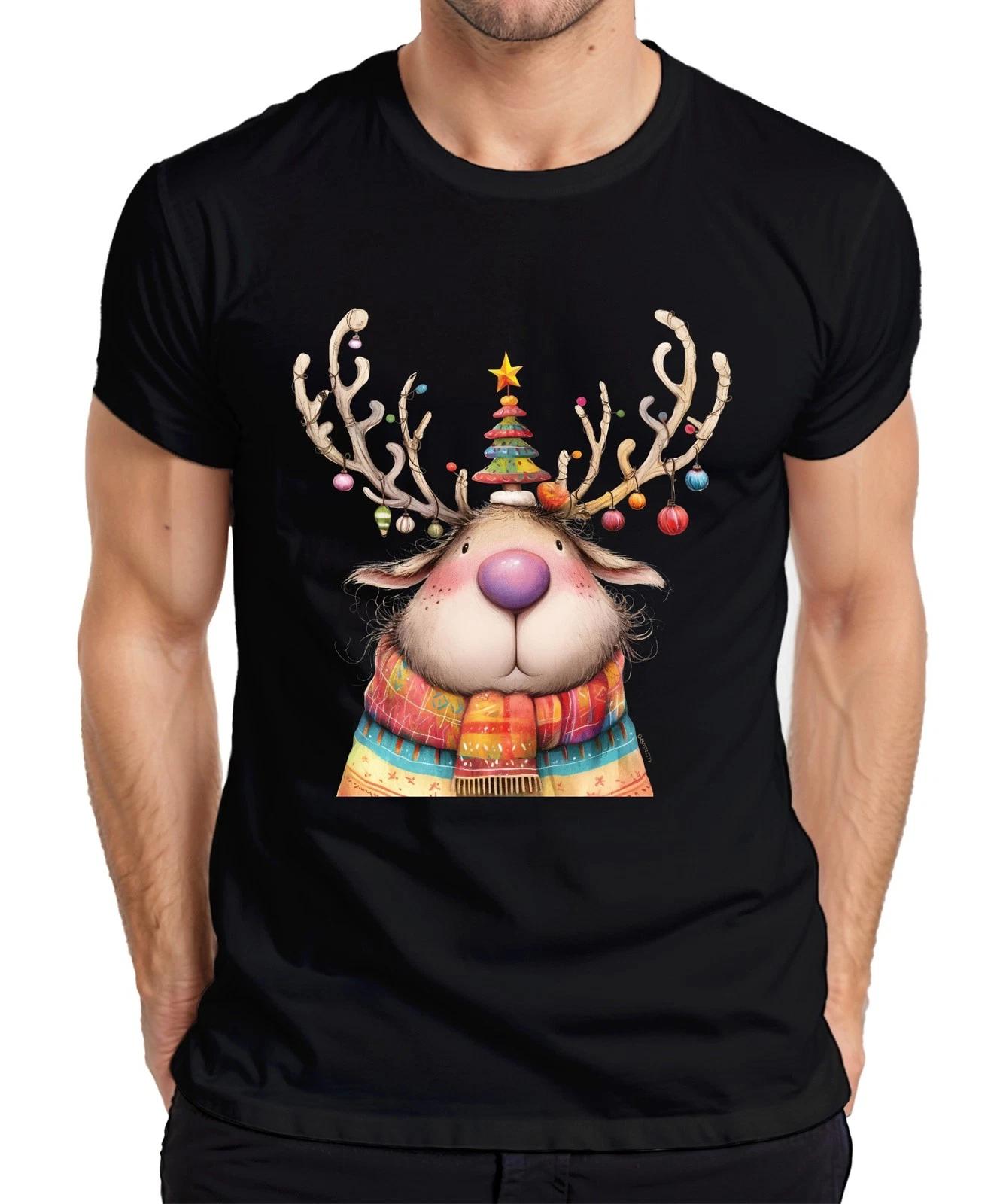 Niedliches Weihnachtsrentier rosa Nase bunter Schal Geschenk Herren T-Shirt XXXL